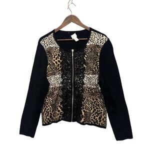 Chico's Full Zip Womens Jacket XL (3) Black Sweater Knit Animal Print Office Lac